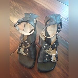 Vintage John Fluevog Square Toe Leather Buckle Heels Punk/Goth/Biker Babe